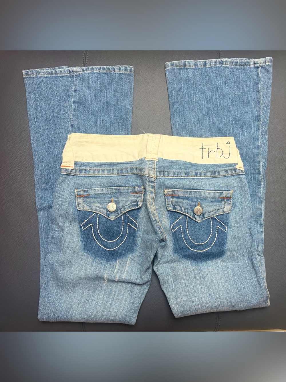 True Religion Women's Light Blue Denim Boot Cut Jeans with white Waistband Y2K